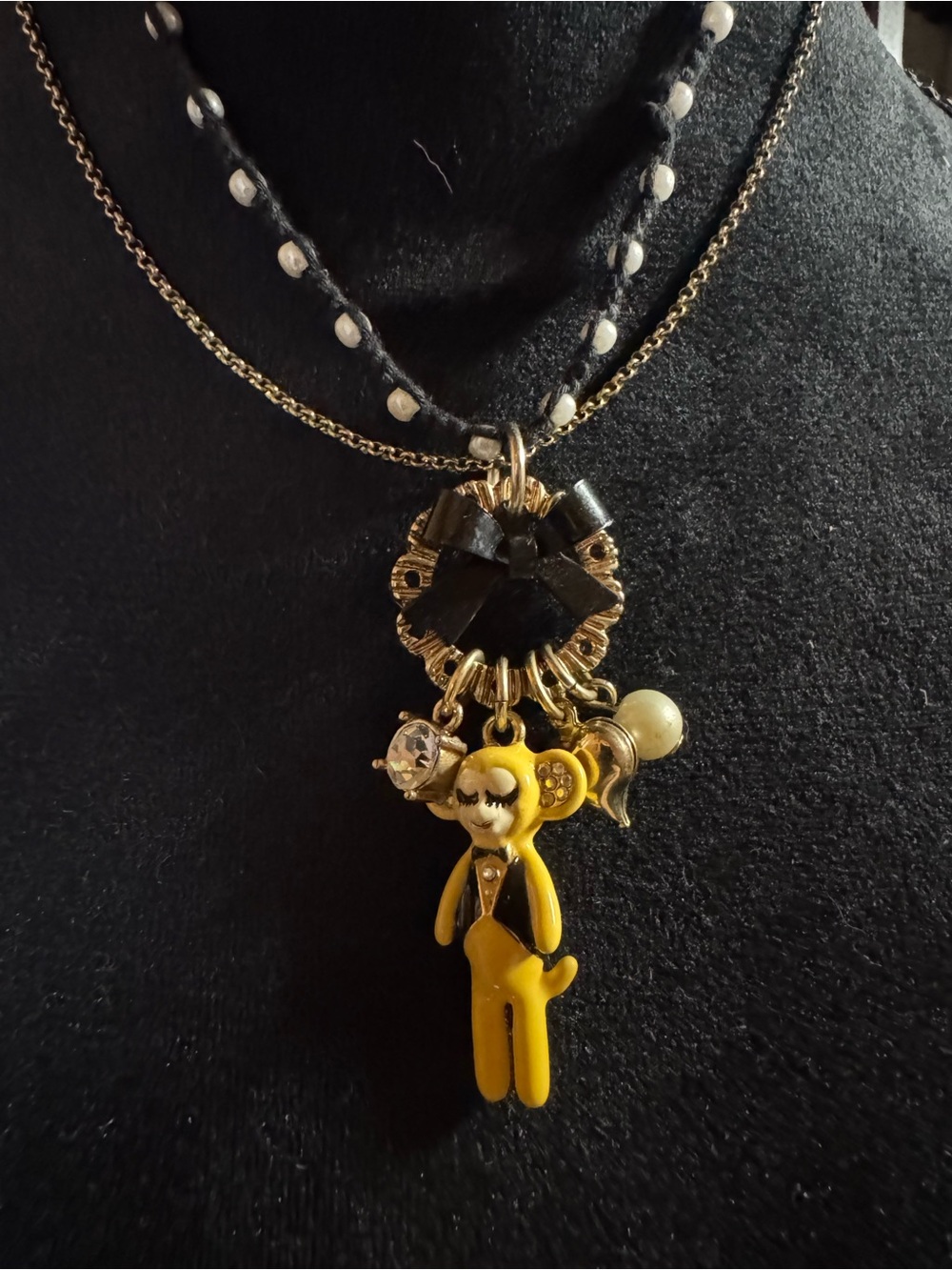 Betsey Johnson Gold Tone Necklace with Yellow Enamel Monkey Charm and Black Bow